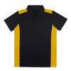 A black and yellow polo shirt with a collared neckline and a logo on the chest. It features contrasting side panels.