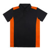 A navy polo shirt featuring orange side panels and a collar, designed with a logo on the chest.