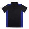 A black polo shirt with blue side panels, featuring a collar and three buttons, with a logo on the chest.