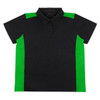 A black polo shirt featuring green side panels and a collar, with a logo on the chest area.