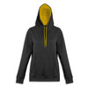 A black unisex hoodie with a yellow inside lining and matching drawstrings. Features a front pouch pocket and a logo.
