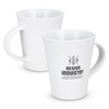 A white coffee mug with a tapered design and a logo printed on the side.