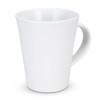 A white coffee mug with a tapered design and a single handle, featuring a branding logo.