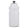 A drink bottle with a translucent white body and a black cap, featuring a simple design and a logo.
