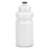 A drink bottle in white with a black screw cap and a simple, smooth design. It features a logo.