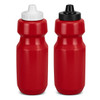 A drink bottle set featuring two red bottles with white and black caps, each with a logo.