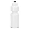 A drink bottle in white with a black lid, featuring a contoured design and a logo on the side.