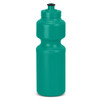 A drink bottle in teal with a tapered design and a push-pull lid. It features a logo on the surface.