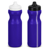 A drink bottle in vibrant purple with two lid options: black and white. The bottle features a logo on its body.