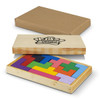 A wooden pentomino puzzle in vibrant colours, displayed in a rectangular box with a logo on the lid.