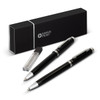 A black pen and pencil set with silver accents, presented in a sleek black box with a logo.