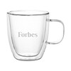 A double wall glass cup in clear design with a handle, featuring a logo on the side.