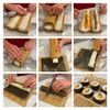 A bamboo sushi maker with rice and ingredients, demonstrating the steps to roll sushi and slice the finished rolls.