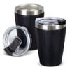 A drink bottle set featuring two black stainless steel vacuum tumblers with silver accents and clear lids.
