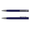 A navy blue metal pen with a sleek design, featuring a silver clip and tip. It includes a logo.