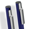 A blue metal pen with a silver clip and tip, featuring a sleek and modern design. Includes branding on the body.