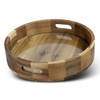 A round wooden platter tray with a smooth surface and cut-out handles, featuring a mix of light and dark wood tones.