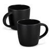 A black two-tone coffee mug set with a smooth finish and ergonomic handles, featuring a logo.