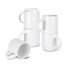 A stack of four white espresso coffee mugs, showcasing a modern design and featuring one logo.