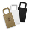 Three small flat handle paper bags in black, white, and brown with a logo on one.