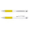 A yellow and white metal pen with silver accents, featuring a sleek design and a clip.
