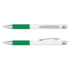 A green and white metal pen featuring a textured grip and a clip, showcasing both closed and open positions.