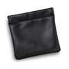 A black leather pouch with a smooth finish and a silver clasp at the top. It features a subtle logo.