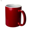 A red coffee mug with a glossy finish and a contrasting white interior. It features a rounded handle and a logo.