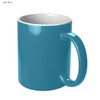 A light blue coffee mug with a glossy finish and a coloured handle, featuring a logo.