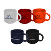 A set of ceramic mugs in white, red, orange, navy, and black, each with a branding logo.