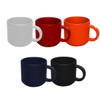 A set of four ceramic mugs in white, red, orange, navy, and black, featuring a simple design and handles.