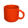 A coffee mug in vibrant red with a smooth finish and a comfortable handle. It features a logo on one side.