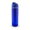 A drink bottle in vibrant blue with a matching lid and a logo. Ideal for hydration on the go.