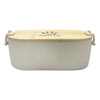 A bamboo lunch box in cream with a wooden lid. It features a logo on the top and has side handles.