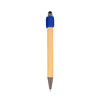 A bamboo stylus pen with a blue cap and a metallic tip, featuring a logo on the cap.