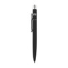 A sleek black metal pen with a shiny silver clip and a logo on the barrel.