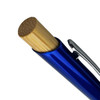 A blue metal pen featuring a bamboo barrel and a silver clip, displaying a logo on the surface.