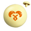 A yellow stress ball shaped like a mushroom, featuring an orange graphic on its surface and a smaller mushroom piece.