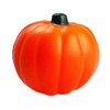 An orange stress pumpkin with a dark green stem, featuring a smooth, textured surface. It has a logo on one side.