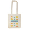 A cream-colored tote bag featuring lemon and tea-themed designs with pastel colors and a logo.