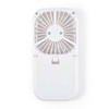 A portable Sirocco Fan in white, featuring a compact design with a circular fan grill and a foldable stand.