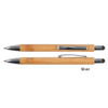 A bamboo pen and stylus in natural wood color with silver accents, featuring a logo on the side.