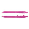 Two pink plastic pens made from recycled PET bottles, featuring a clip and transparent design.