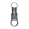 A drink bottle opener in matte grey with a black and white striped strap and a keyring attachment.