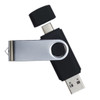 A swivel USB flash drive in black and silver, featuring dual connectors for versatility.