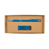A gift set featuring a blue pen and a USB flash drive, presented in a simple cardboard box.