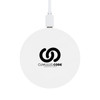 A round wireless charger featuring a white design and the logo of Cumulus Code Innovations.