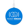 A round blue wireless charger featuring the logo of "Nerdy Ninjas Coding Company."