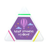 A triangular highlighter with green, pink, and yellow ends, featuring a logo and a colourful design.