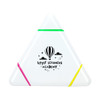 A triangular highlighter featuring green, yellow, and pink sections, with a logo on a white background.